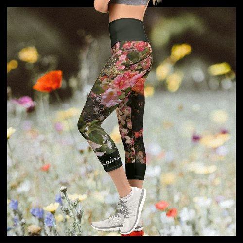 Many Flowers Pink Green Floral Personalized Name Capri Leggings