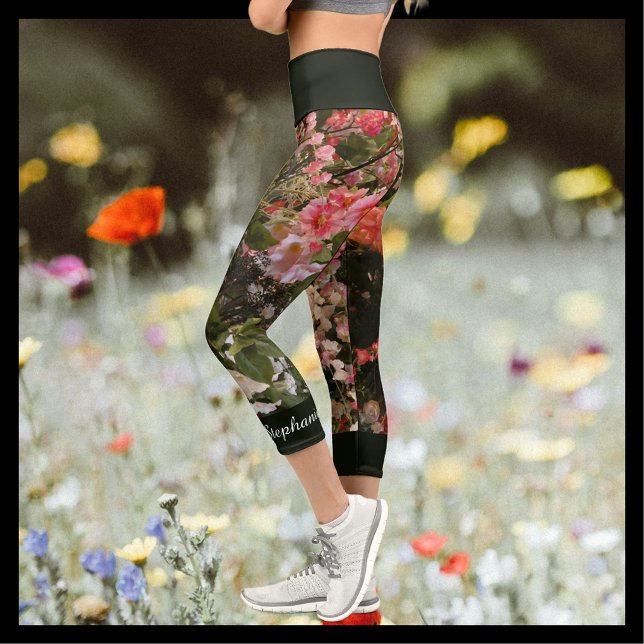 Many Flowers Pink Green Floral Personalized Name Capri Leggings (Creator Uploaded)