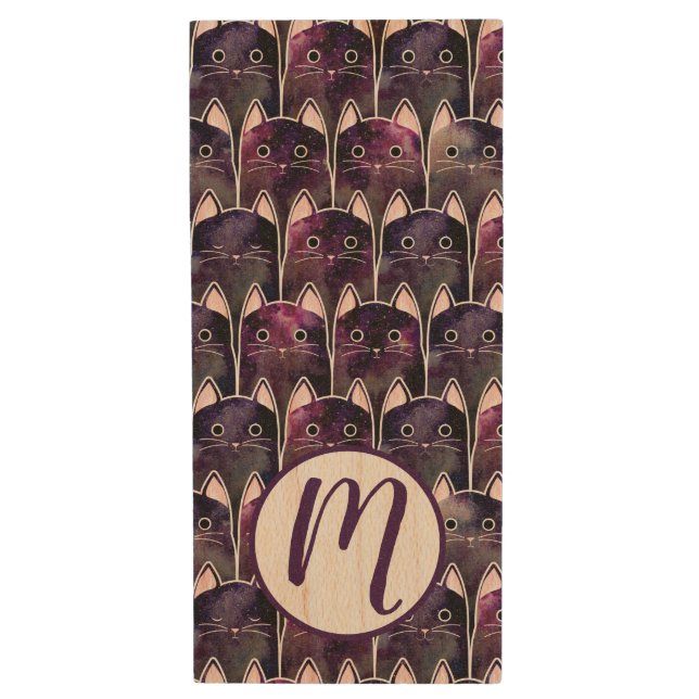 Many Galaxy Cats Pattern Wood Flash Drive (Front Vertical)