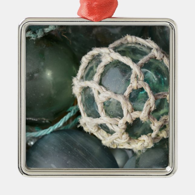 Many glass fishing floats, Alaska Metal Ornament (Front)