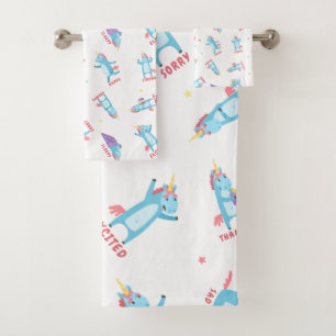 Many Moods of a Pink, Blue, and Purple Unicorn Bath Towel Set