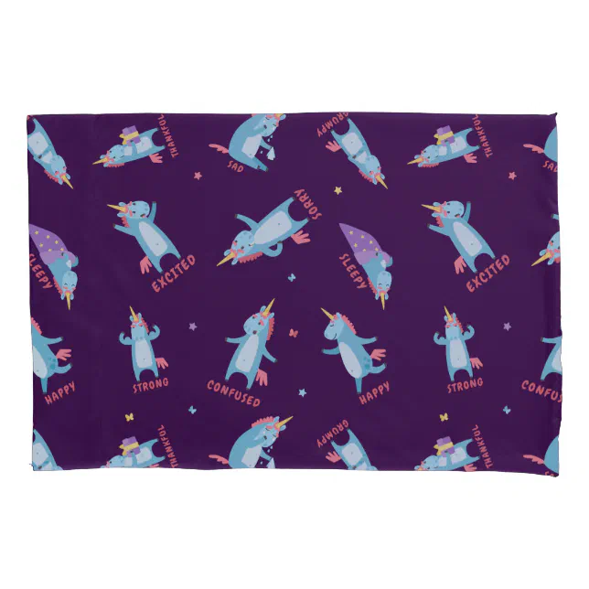 Many Moods of a Pink, Blue, and Purple Unicorn Pillow Case Zazzle