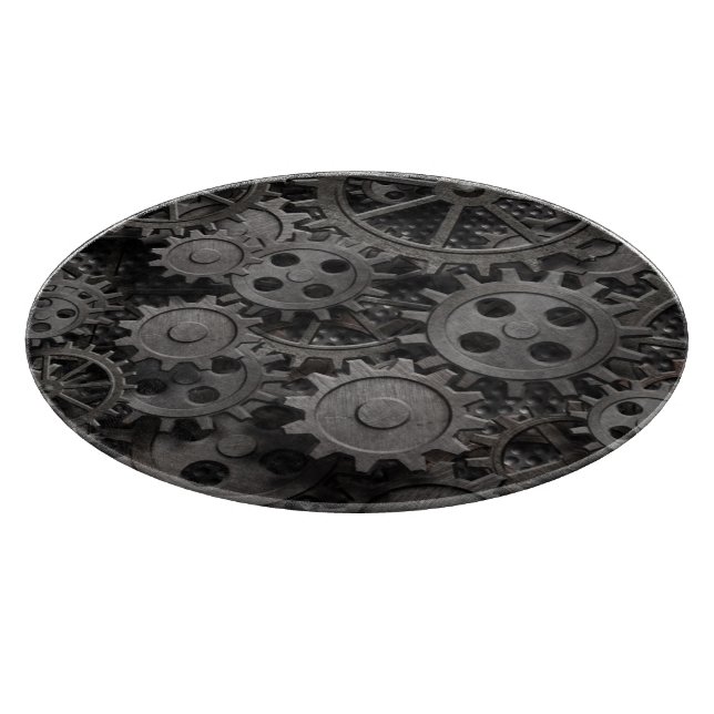 Many old rusty metal gears or machine parts cutting board (Corner)