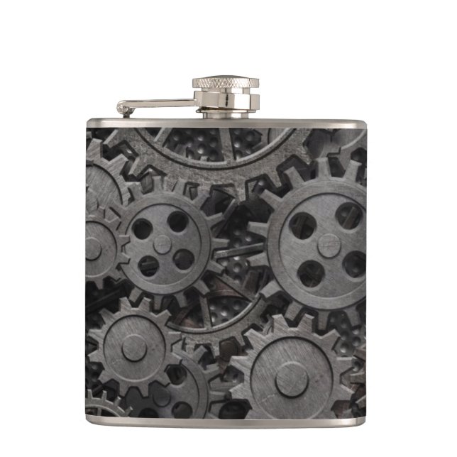 Many old rusty metal gears or machine parts flask (Front)