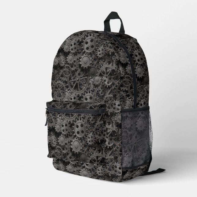 Many old rusty metal gears or machine parts printed backpack (Back Corner Right)