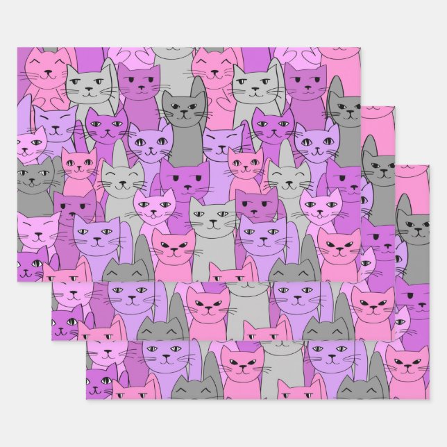 Many Pink Cats Design Wrapping Paper Sheets (Set)