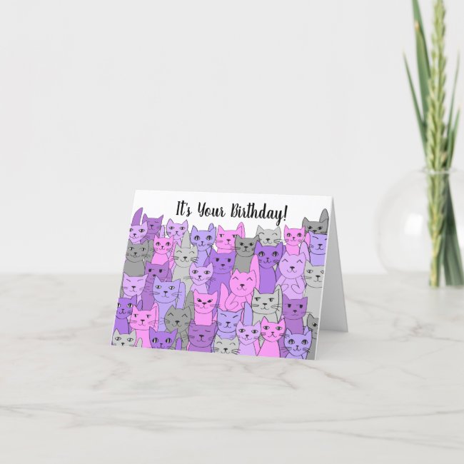 Many Purple and Pink Cats Birthday Card