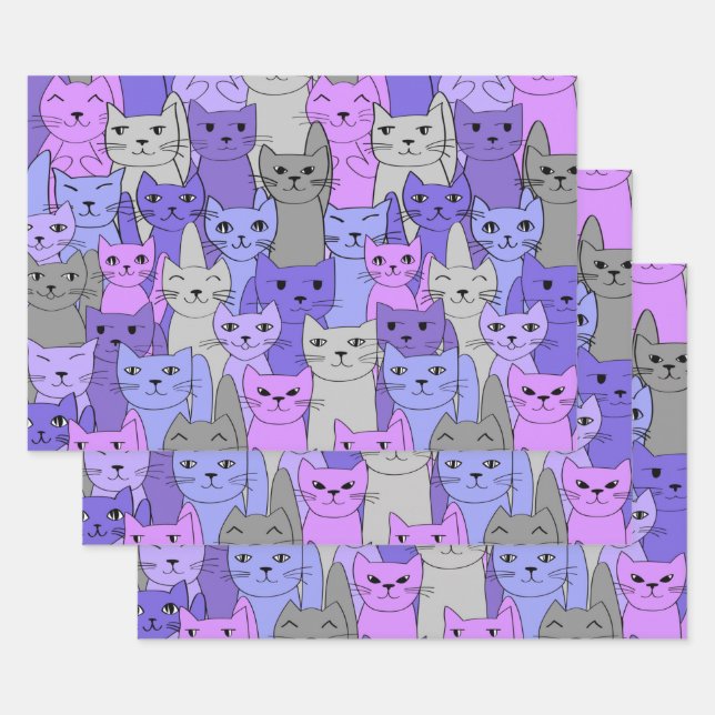 Many Purple Cats Design Wrapping Paper Sheets (Set)