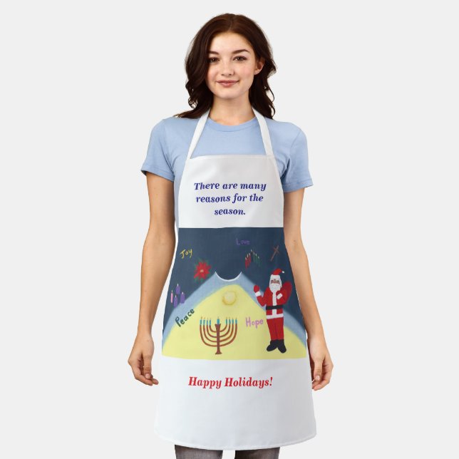 Many reasons for the season, holiday aprons (Worn)