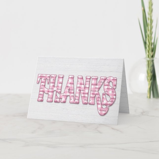Many Thanks On Pink Gingham Thank You Card (Front)