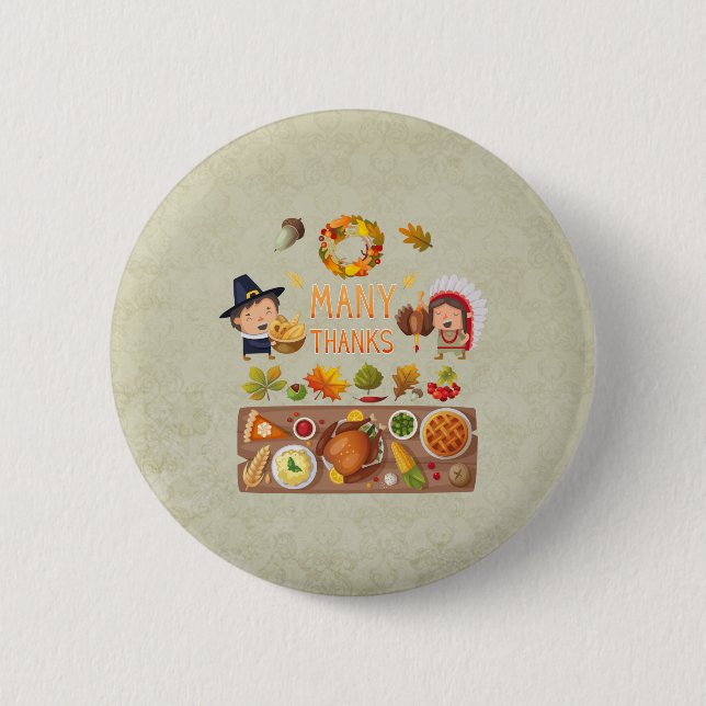 Many Thanks Pilgrim And Native Thanksgiving Feast Button (Front)