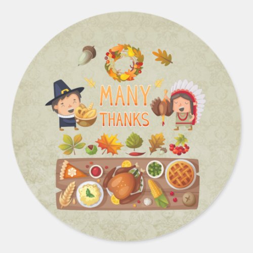 Many Thanks Pilgrim And Native Thanksgiving Feast Classic Round Sticker