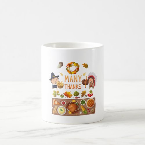 Many Thanks Pilgrim And Native Thanksgiving Feast Coffee Mug