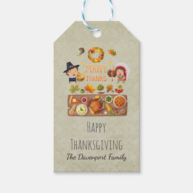 Many Thanks Pilgrim And Native Thanksgiving Feast Gift Tags