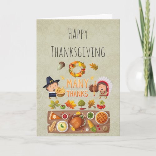 Many Thanks Pilgrim And Native Thanksgiving Feast Holiday Card