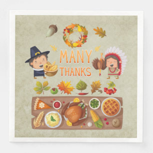 Many Thanks Pilgrim And Native Thanksgiving Feast Paper Dinner Napkins