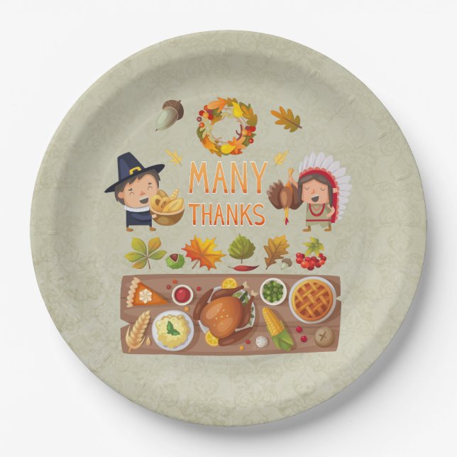 Many Thanks Pilgrim And Native Thanksgiving Feast Paper Plates (Front)