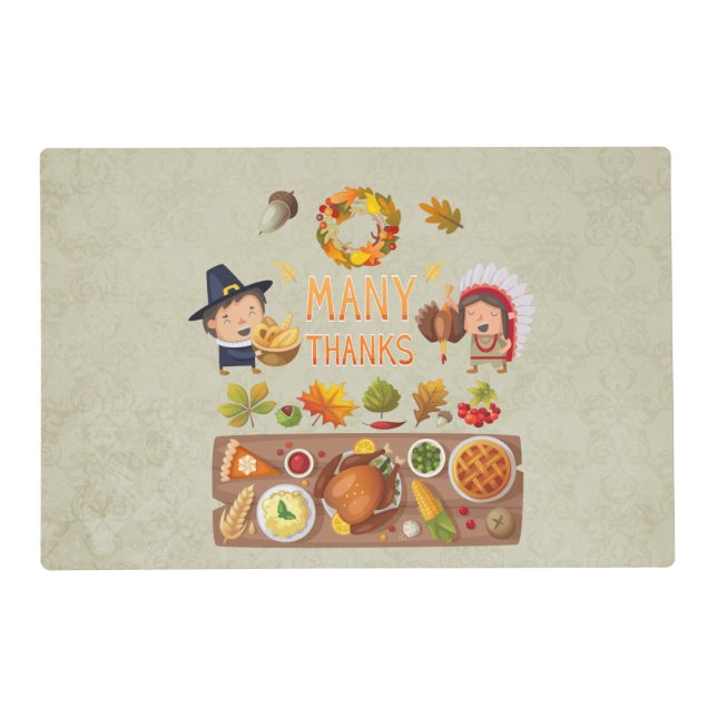 Many Thanks Pilgrim And Native Thanksgiving Feast Placemat (Front)