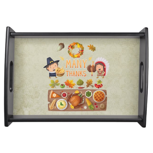 Many Thanks Pilgrim And Native Thanksgiving Feast Serving Tray (Front)