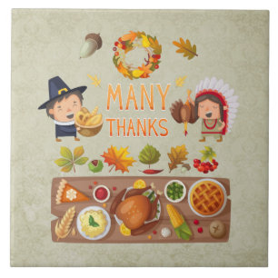 Many Thanks Pilgrim And Native Thanksgiving Feast Tile