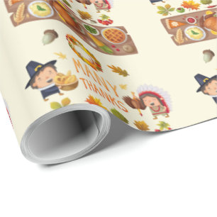 Many Thanks Pilgrim And Native Thanksgiving Feast Wrapping Paper