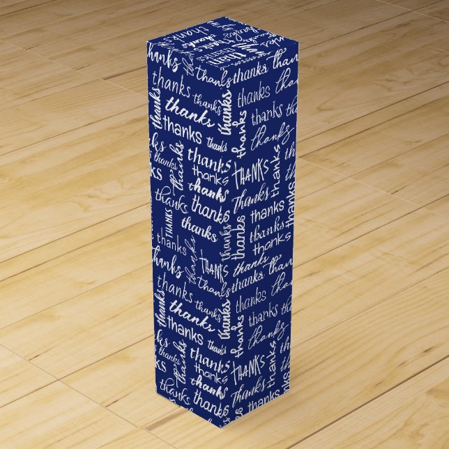 Many Thanks White Text On Blue Wine Box (Front)