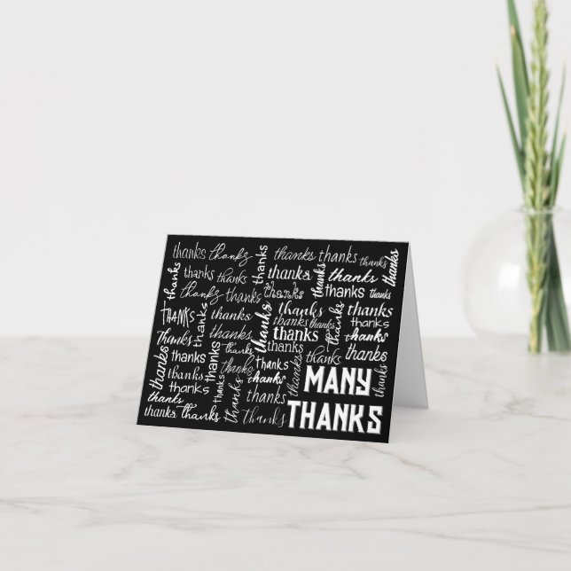 Many THANKS Word Cloud On Black Letterpress Thank You Card (Front)