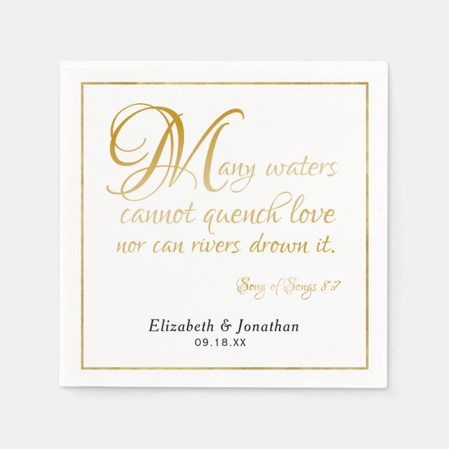 Many Waters Scripture Quote Elegant Gold Script Napkins (Front)