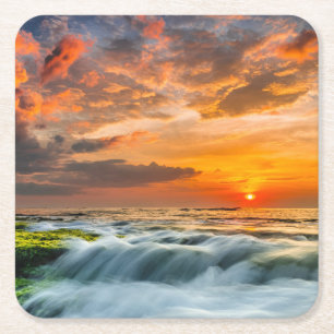 Manyar Beach At Sunrise Square Paper Coaster