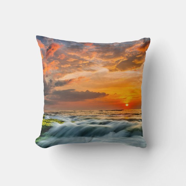 Manyar Beach At Sunrise Throw Pillow (Front)