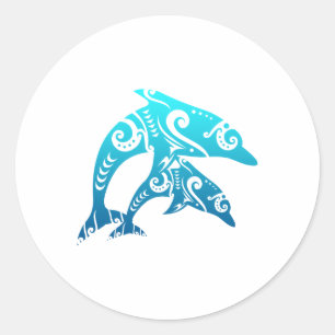 Maori Couple Dolphins Tribal Tattoo Blue Gift Idea Classic Round Sticker