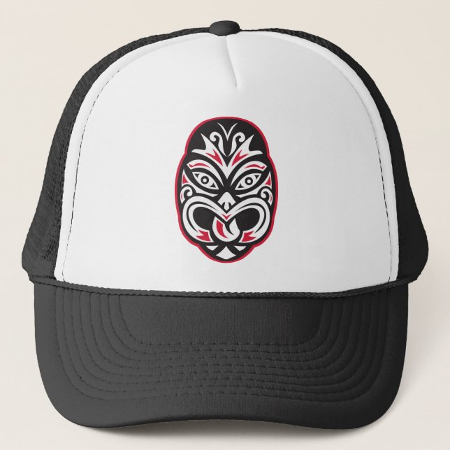 maori tiki moko tattoo mask trucker hat (Front)