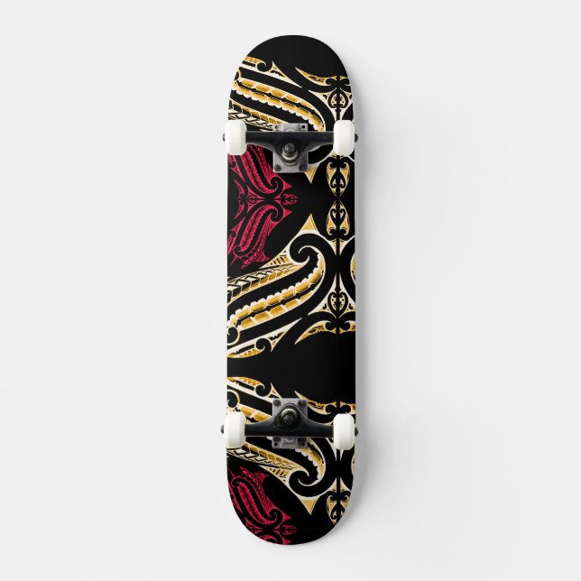 Maori traditional moko design in red& yellow skateboard deck (Front)