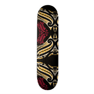 Maori traditional moko design in red& yellow skateboard deck