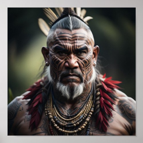 Maori Warrior Chief in Headdress Poster