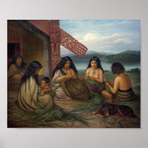 Maoris Plaiting Flax Baskets, by G. Lindauer Poster
