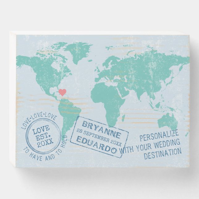 Map and Passport Stamp Destination Wedding Wooden Box Sign (Front Horizontal)