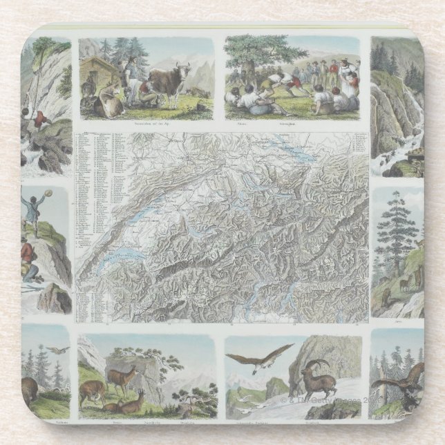 Map and Vignettes of Swiss Alps Beverage Coaster (Front)