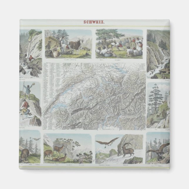 Map and Vignettes of Swiss Alps Magnet (Front)