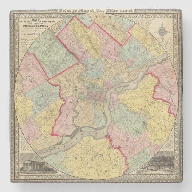 Map Around The City Of Philadelphia Stone Coaster (Front)