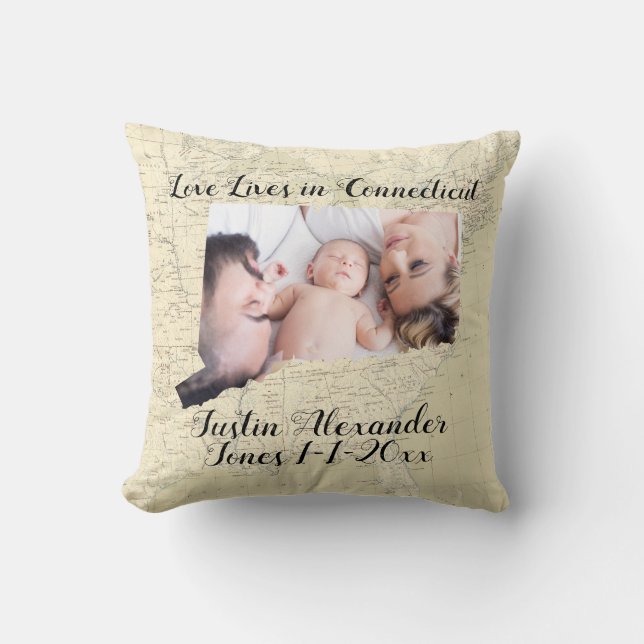 Map Love Lives In Connecticut State Shaped Photo Throw Pillow (Front)