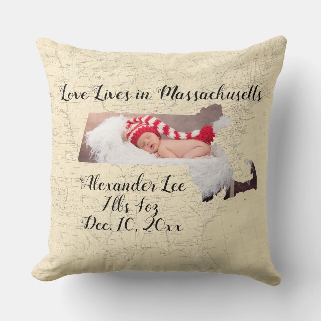 Map Love Lives In Massachusetts State Shaped Photo Throw Pillow (Front)