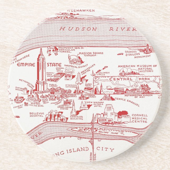 MAP: MANHATTAN, c1935 Drink Coaster (Front)