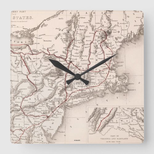 Map Northeast USA Square Wall Clock