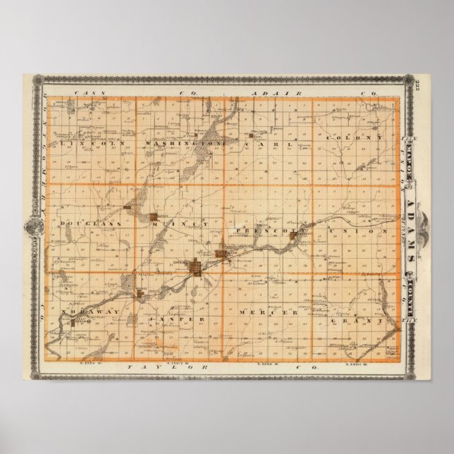 Map of Adams County, State of Iowa Poster (Front)