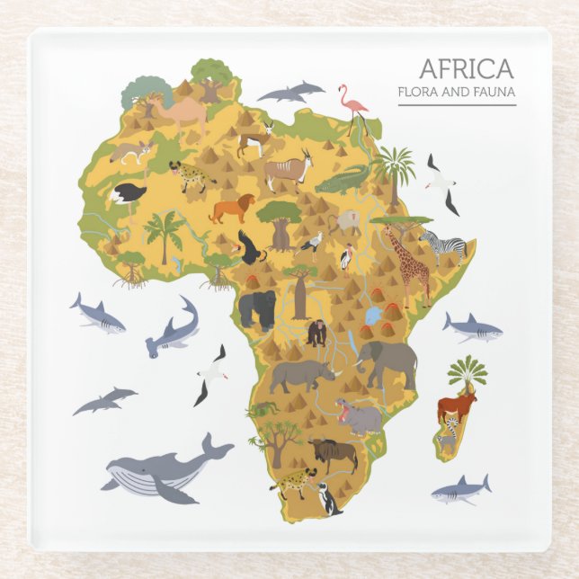 Map of Africa | Flora & Fauna Glass Coaster (Front)