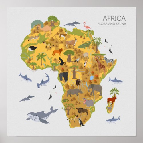 Map of Africa  Flora  Fauna Poster