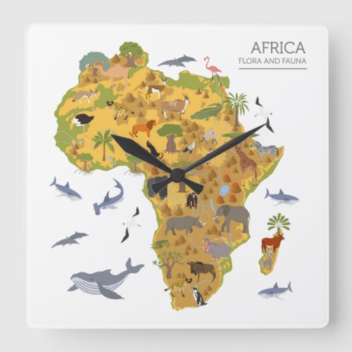 Map of Africa  Flora  Fauna Square Wall Clock