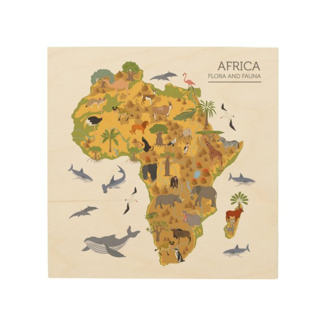 Map of Africa | Flora & Fauna Wood Wall Art (Front)