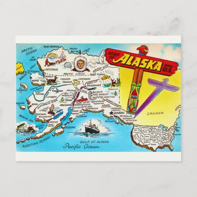Map of Alaska & USA Postcard (Front)
